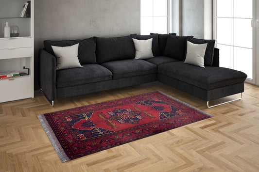 Handmade Afghan Khal Mohammadi Carpet, KM5033, Red - 50 x 100 cm