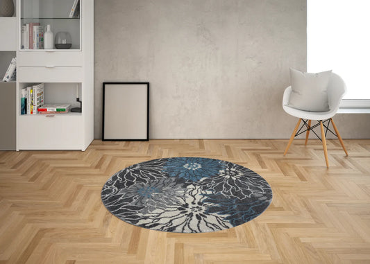 Floral Design Round Carpet, TE0001, Grey & Blue - 200 x 200 cm