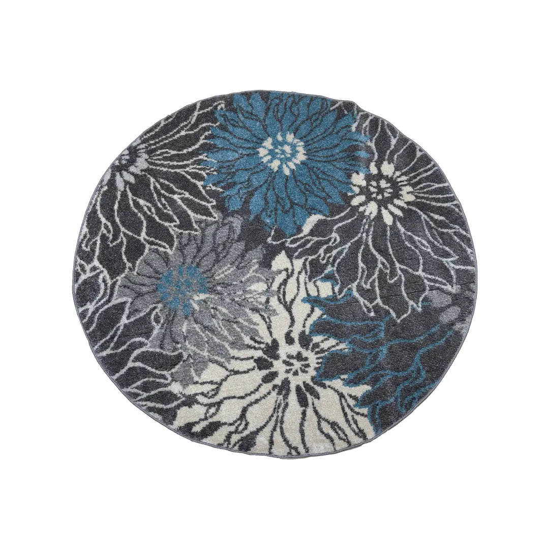 Floral Design Round Carpet, TE0001, Grey & Blue - 200 x 200 cm